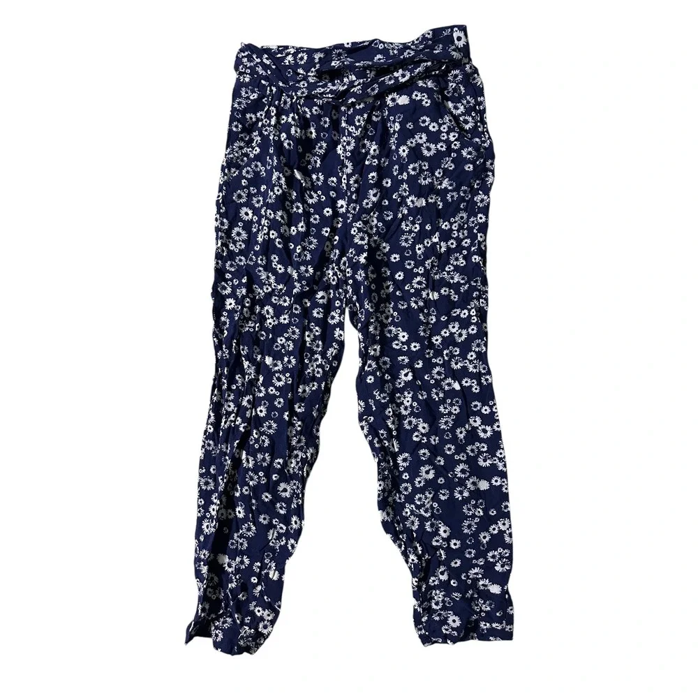 Floral‎ Print Pants Blue White Drawstring Waist Casual Comfy Lightweight